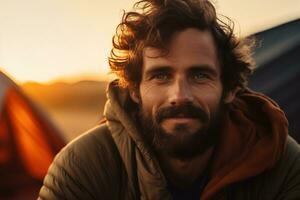 Portrait of man looking at camera while near camping tent at sunset AI generated photo