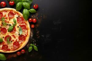 Pepperoni pizza on a Dark background. Top view with copy space. AI generated photo