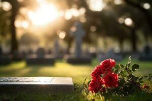 Red roses on a grave at a cemetery during the sunset with copy space AI generated photo