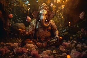 Hindu God Ganesha with flowers AI generated photo