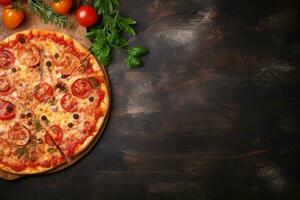 Pepperoni pizza on a Dark background. Top view with copy space. AI generated photo