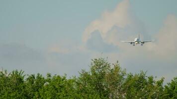 ein Flugzeug mit ein unkenntlich Lackierung ist Annäherung zu Land Über das Kronen von Grün Bäume. video
