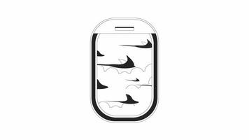 Aircraft window with flying ray fish in sky bw outline 2D object animation. Aeroplane window monochrome linear cartoon 4K video. Fenster flugzeug above cloud animated item isolated on white background video