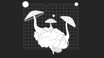 Pilze fliegen Agaric wachsend auf Gehirn bw Gliederung 2d Animation. groovig Blasen. psychedelisch Natur 4k Video Bewegung Grafik. giftig Pilz Gehirn Steuerung einfarbig linear animiert Karikatur eben Konzept