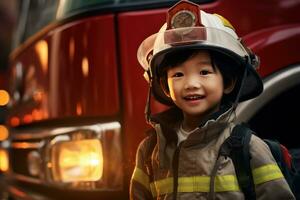 retrato de linda pequeño chico vistiendo bombero uniforme en el fuego Departamento ai generado foto