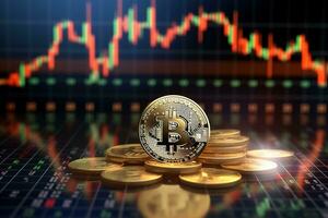 Golden Bitcoin on the background of the stock market chart. Cryptocurrency concept. AI generated photo