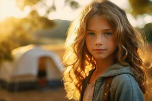 Portrait of cute little girl at camera while standing near camping tent at sunset AI generated photo