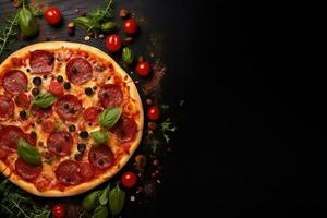 Pepperoni pizza on a Dark background. Top view with copy space. AI generated photo