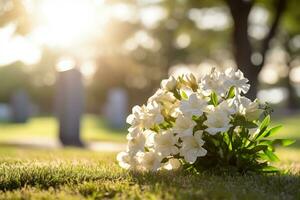 white flowers in front of a gravestone at a cemetery with sunset.Funeral Concept AI generated photo