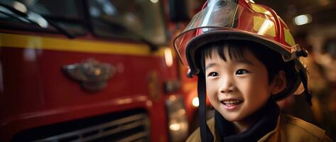 Portrait of happy asian boy wearing firefighter uniform with fire truck in background AI generated photo