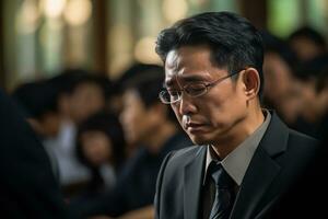 Elderly asian man with funeral sorrow and flowers in church AI generated photo