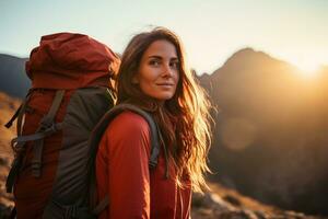 Beautiful woman hiker with backpack hiking in the mountains at sunset AI generated photo