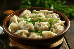 Meat dumplings russian boiled pelmeni food. Generate Ai photo