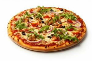 Tasty pizza with vegetables and arugula salad isolated. Generate Ai photo