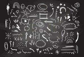 Simple sketch line style elements. Doodle cute ink  pen line elements isolated on chalkboard background. Doodle arrow, heart, star, sparkle decoration symbol, icon set. Vector illustration.