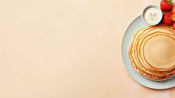 space for text on pastel background with delicious pancake on the side from top view, background image, AI generated photo