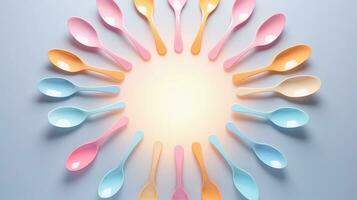 space for text on pastel background surrounded by spoons, background image, AI generated photo