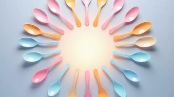 space for text on pastel background surrounded by spoons, background image, AI generated photo