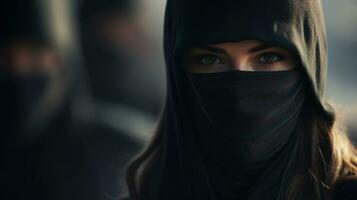 beautiful female ninja portrait with space for text on the side, background image, AI generated photo