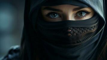 beautiful female ninja portrait with space for text on the side, background image, AI generated photo