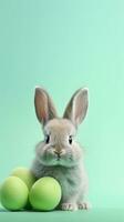 cute easter bunny on a light green background with space for text on the side, vertical format, background image, AI generated photo