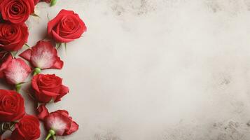 space for text on textured background surrounded by red roses flowers, background image, AI generated photo