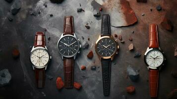 space for text on textured background surrounded by watches, background image, AI generated photo
