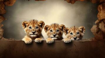 space for text on textured background surrounded by cute lion cubs, background image, AI generated photo