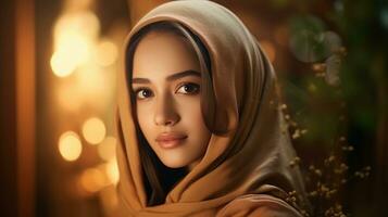 beautiful indonesian female portrait with space for text on the side, background image, AI generated photo