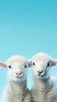 cute baby sheeps on a light blue background with space for text on the left side, vertical format, background image, AI generated photo