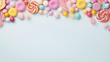 space for text on pastel background surrounded by sweets and candies from top view, background image, AI generated photo