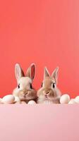 cute easter bunnies on a light red background with space for text on the side, vertical format, background image, AI generated photo