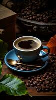 hot coffee and coffee beans in background with leaves, in the style of distressed and weathered surfaces, vertical format, background image, AI generated photo
