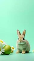 cute easter bunny on a light green background with space for text on the side, vertical format, background image, AI generated photo