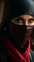beautiful female ninja portrait with space for text on the side, vertical format, background image, AI generated photo