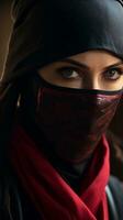 beautiful female ninja portrait with space for text on the side, vertical format, background image, AI generated photo