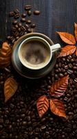 hot coffee and coffee beans in background with leaves, in the style of distressed and weathered surfaces, vertical format, background image, AI generated photo