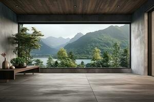 Interior of modern living room with wooden walls, concrete floor, panoramic window and mountain view. Generative AI photo