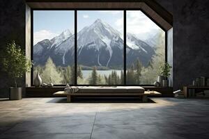 Interior of modern living room with wooden walls, concrete floor, panoramic window and mountain view. Generative AI photo