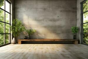 Interior of modern loft with concrete floor and panoramic windows.  Generative AI photo