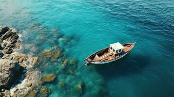Aerial view of a wooden fishing boat in the sea, Greece. Generative AI photo