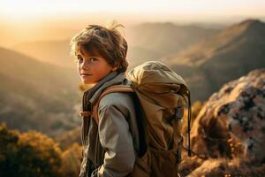 adorable pequeño chico con mochila excursionismo en montañas a puesta de sol. viaje y activo estilo de vida concepto ai generado foto