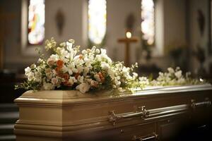 Beautiful flowers in a coffin at a funeral AI generated photo