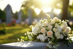 blanco flores en frente de un lápida sepulcral a un cementerio con atardecer.funeral concepto ai generado foto