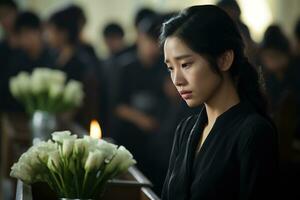 asiático mujer en luto a un funeral, superficial profundidad de campo.funeral concepto ai generado foto