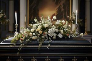 closeup shot of a casket in a hearse or chapel before funeral or burial at cemetery AI generated photo