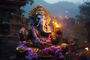 hindú Dios ganesha con flores ai generado foto