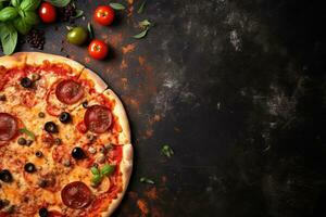 pepperoni Pizza en un oscuro antecedentes. parte superior ver con Copiar espacio. ai generado foto