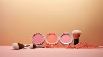 space for text on pastel background surrounded by make-up equipment, background image, AI generated photo