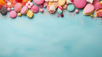 space for text on textured background surrounded by sweets and candies from top view, background image, AI generated photo